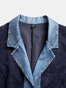 Linhara CURVE Spring/Autumn Corduroy Patchwork Denim Contrast Color Personalized Commute Casual Elegant Plus Size Blazer - Royal Blue - View 7