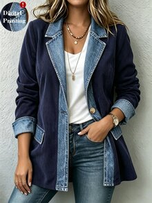 Linhara CURVE Spring/Autumn Corduroy Patchwork Denim Contrast Color Personalized Commute Casual Elegant Plus Size Blazer - Royal Blue - View 8