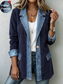 Linhara CURVE Spring/Autumn Corduroy Patchwork Denim Contrast Color Personalized Commute Casual Elegant Plus Size Blazer - Royal Blue - View 1