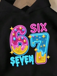 (1件)青少年女孩 67 Six Seven 霓虹滴落星號數字字母印花連帽衛衣 長袖 時尚清新黑色 秋冬日常上衣 - 黑色 - 查看 6