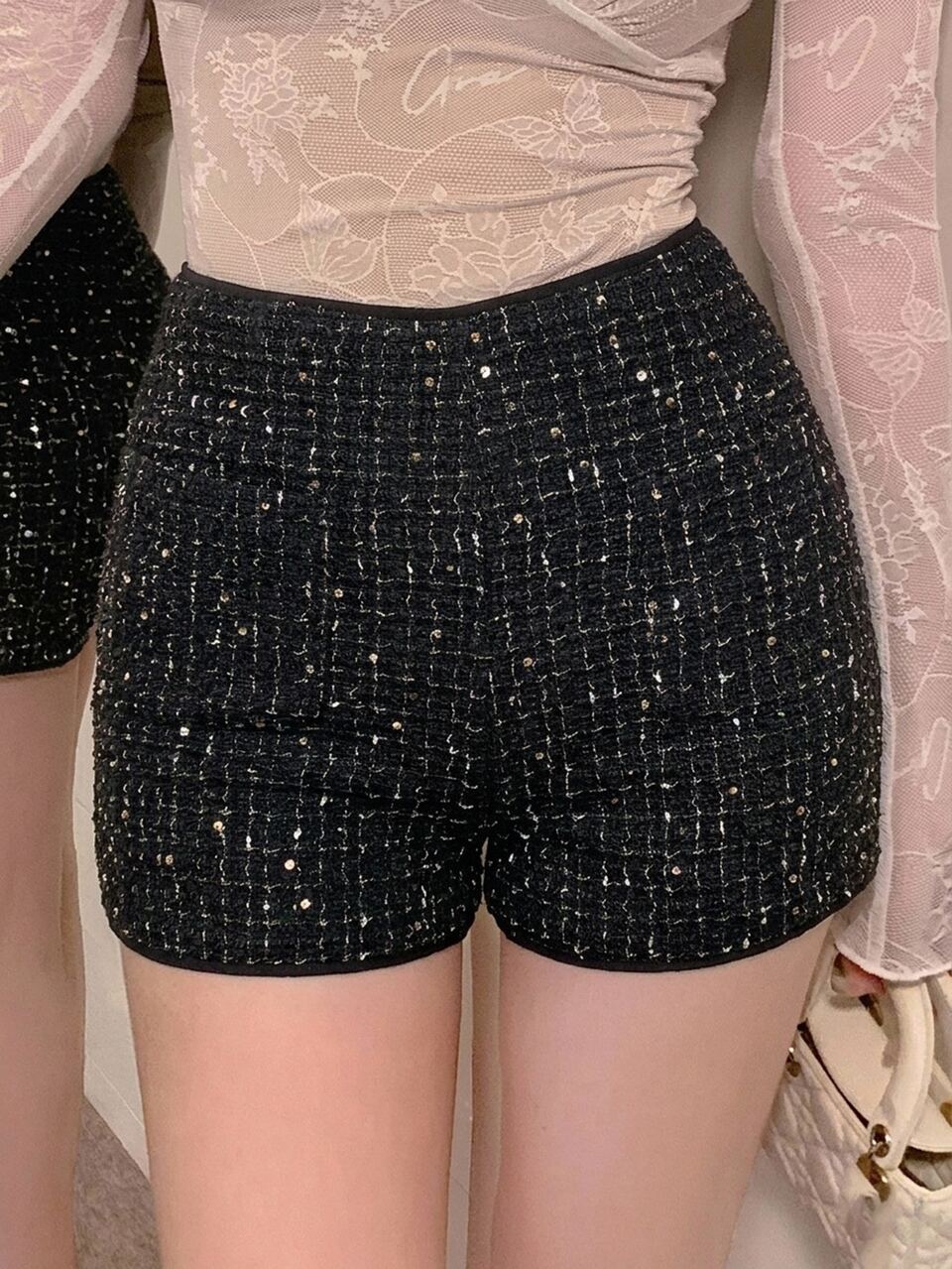 Women's Sexy Fitted Gold Rhinestone Sequin Super Short Shorts For Banquet, Wedding, Party Fall