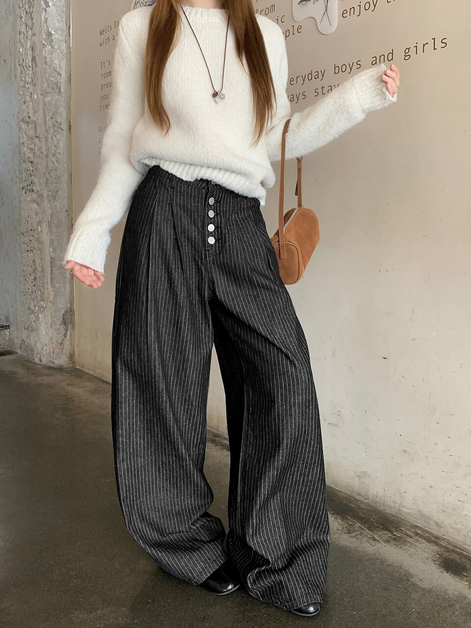 Women's Button Fly Striped Wide Leg Loose Casual Denim Jeans Fall
