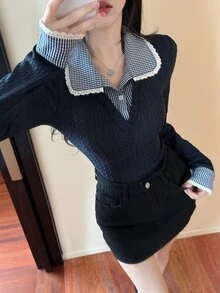 DAZY 女款格子拼接 2 合 1 修身百搭復古休閒日常上學 T 恤 秋季黑白配色 - 藏蓝色 - 查看 3