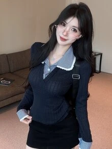 DAZY 女款格子拼接 2 合 1 修身百搭復古休閒日常上學 T 恤 秋季黑白配色 - 藏蓝色 - 查看 7