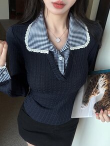 DAZY 女款格子拼接 2 合 1 修身百搭復古休閒日常上學 T 恤 秋季黑白配色 - 藏蓝色 - 查看 1