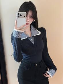 DAZY 女款格子拼接 2 合 1 修身百搭復古休閒日常上學 T 恤 秋季黑白配色 - 藏蓝色 - 查看 6