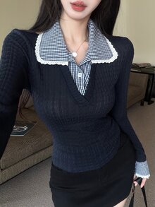DAZY 女款格子拼接 2 合 1 修身百搭復古休閒日常上學 T 恤 秋季黑白配色 - 藏蓝色 - 查看 4