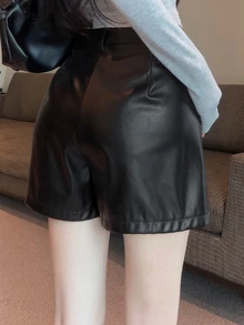 DAZY 女款純色PU皮革高腰寬鬆時尚短褲 秋季 - 黑色 - 查看 8