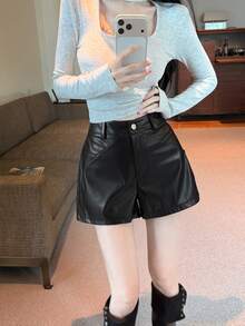 DAZY 女款純色PU皮革高腰寬鬆時尚短褲 秋季 - 黑色 - 查看 6