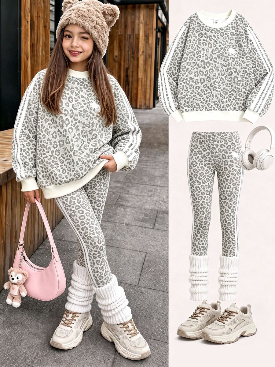 Kids Girls' 2pcs Leopard Print Long Sleeve Sweatshirt & Side Stripe Pants Set, Casual Streetwear Loose Comfy For Back To School Outdoor Fall Winter - Multicolor - View 1