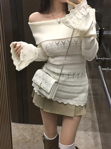 DAZY Women's Cold Shoulder Korean Style Long Sleeve Solid Color Versatile Elegant Knit Top Fall Vacation - White - View 4