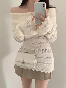 DAZY Women's Cold Shoulder Korean Style Long Sleeve Solid Color Versatile Elegant Knit Top Fall Vacation - White - View 5