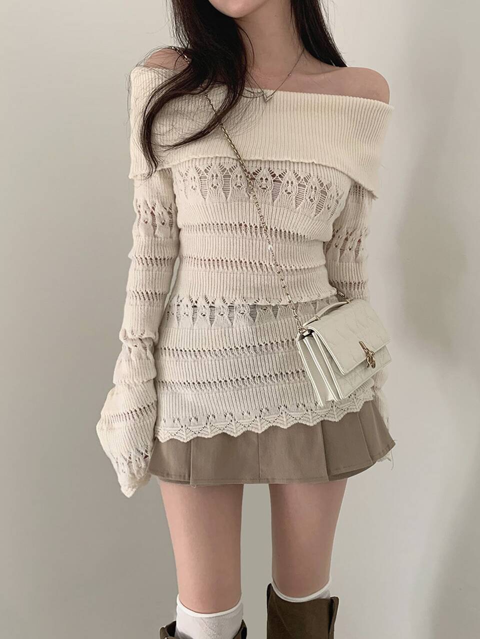 Women's Off-Shoulder Korean Style Long Sleeve Solid Color Versatile Elegant Knit Top Fall