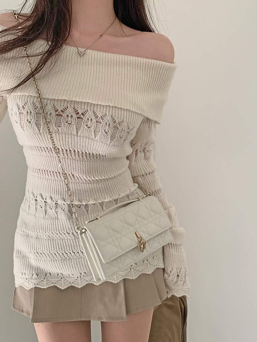 DAZY Women's Cold Shoulder Korean Style Long Sleeve Solid Color Versatile Elegant Knit Top Fall Vacation - White - View 1