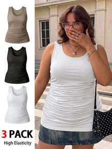 SHEIN CURVE+ Plus Size Women 3-Piece Set Fitted Solid Color Tank Tops, Casual Minimalist, Suitable For Autumn/Winter Tank Tops & Camisoles - Multicolor - View 7
