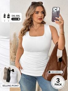 SHEIN CURVE+ Plus Size Women 3-Piece Set Fitted Solid Color Tank Tops, Casual Minimalist, Suitable For Autumn/Winter Tank Tops & Camisoles - Multicolor - View 1