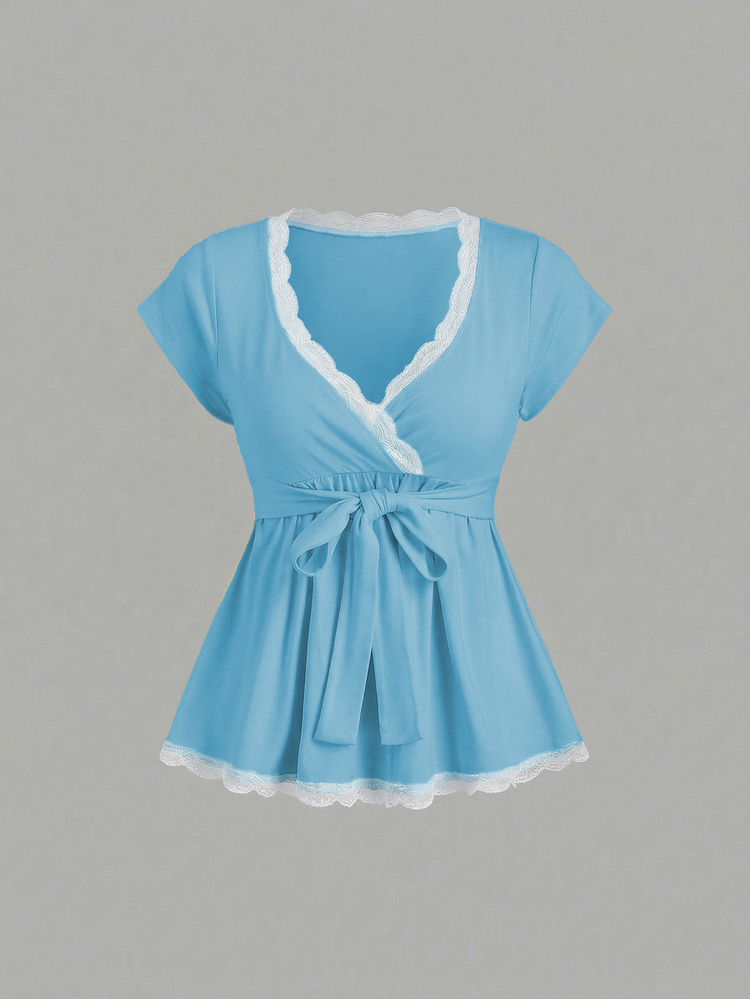 Elamini Women's Spring/Summer White French Romantic Lace Patchwork V-Neck Tie-Front T-Shirt Top - Blue - View 3