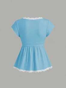 Elamini Women's Spring/Summer White French Romantic Lace Patchwork V-Neck Tie-Front T-Shirt Top - Blue - View 4