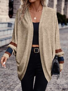 SHEIN Frenchy Women's Plus Size Khaki Striped Print Lightweight Jacket,Casual Open Front Raglan Long Sleeve Vintage Commuter Jacket For ,Autumn Spring Fall - Multicolor - View 4