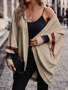 SHEIN Frenchy Women's Plus Size Khaki Striped Print Lightweight Jacket,Casual Open Front Raglan Long Sleeve Vintage Commuter Jacket For ,Autumn Spring Fall - Multicolor - View 5