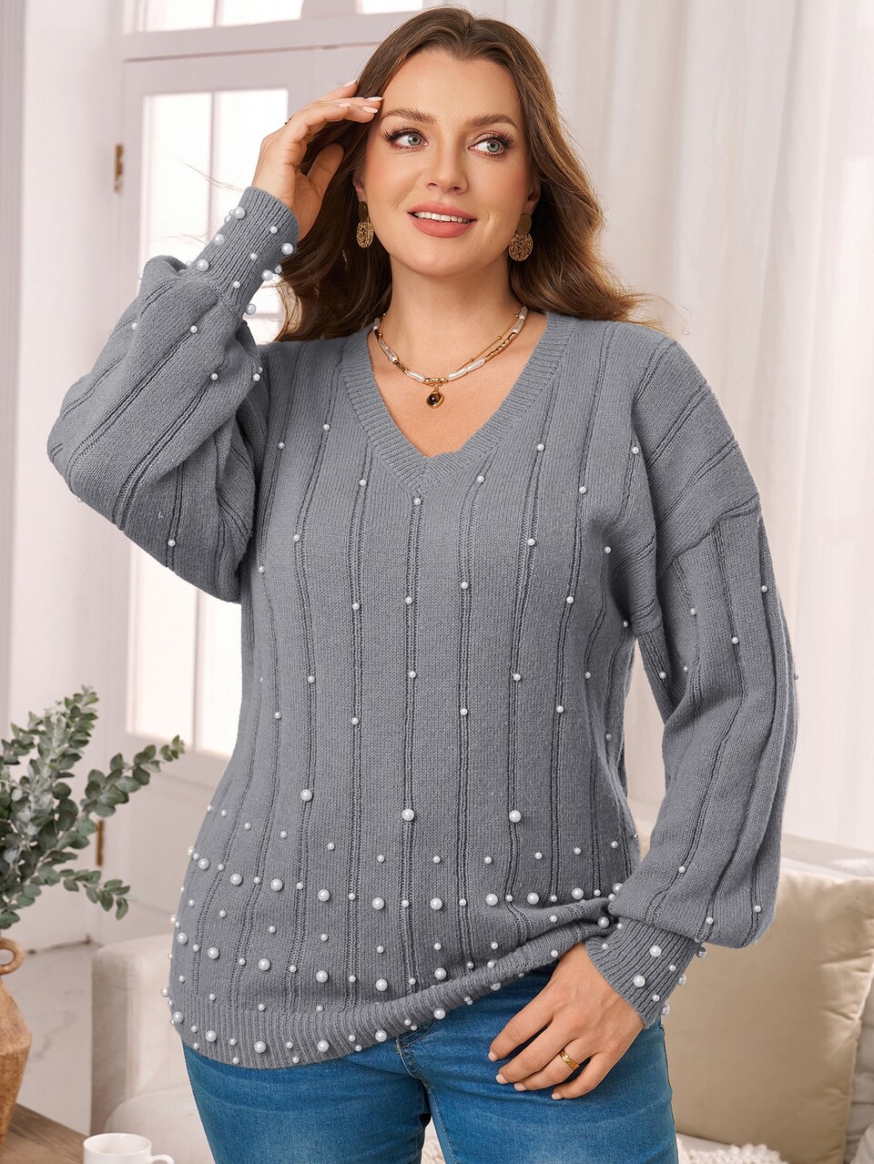 Women's Plus Size V-Neck Pullover Beaded Grey Sweater, Autumn/Winter Fall Winter 2026  Women Fall Winter Sweater