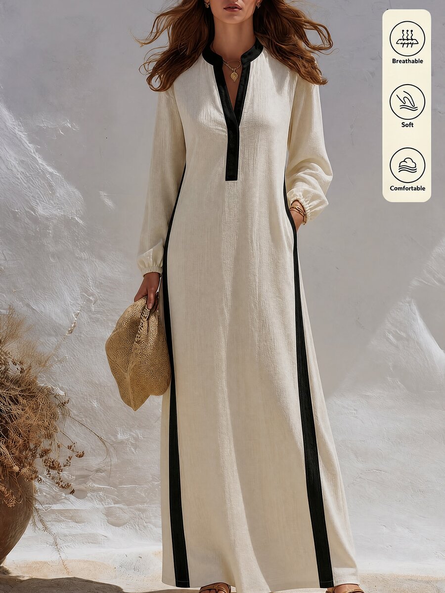 SHEIN 女款時尚休閒拼色對比洋裝，優雅設計，適合約會、工作、派對、旅行與日常通勤，V領長袖口袋長洋裝，經典女款洋裝 - 卡其色 - 查看 1