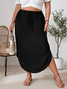 SHEIN LUNE Plus Tie Waist Curved Hem Solid Skirt Fall - Black - View 2