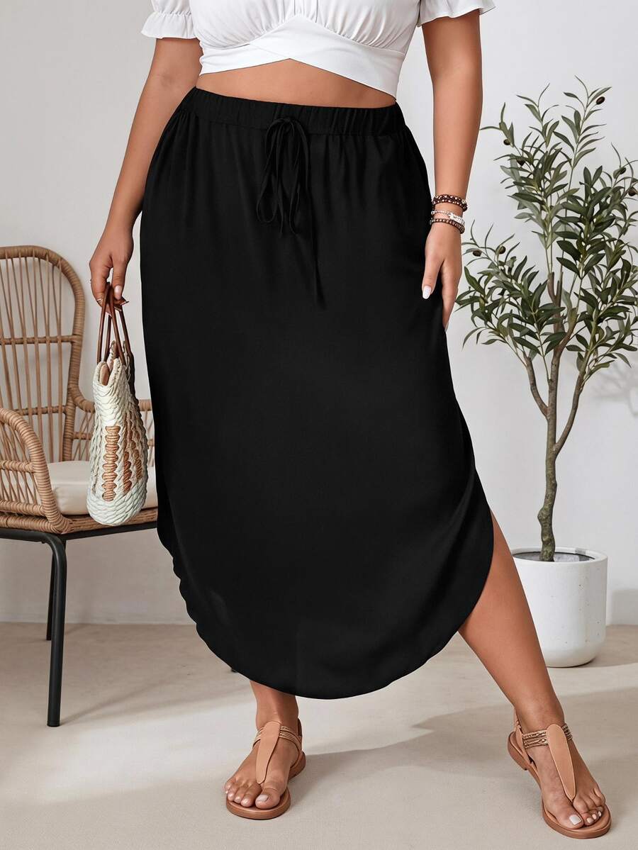 SHEIN LUNE Plus Tie Waist Curved Hem Solid Skirt Fall