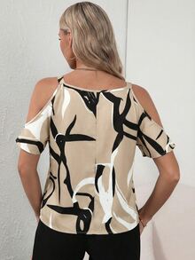 SHEIN Clasi 全身印花露肩链条细节露肩上衣 - 卡其色 - 查看 2