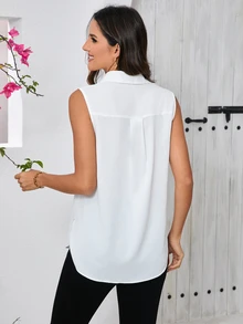 SHEIN Clasi Women's Fashionable Summer Simple Solid Color Loose Sleeveless Turn-Down Collar Shirt,Sleeveless Tops - White - View 3