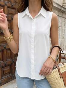 SHEIN Clasi Women's Fashionable Summer Simple Solid Color Loose Sleeveless Turn-Down Collar Shirt,Sleeveless Tops - White - View 2