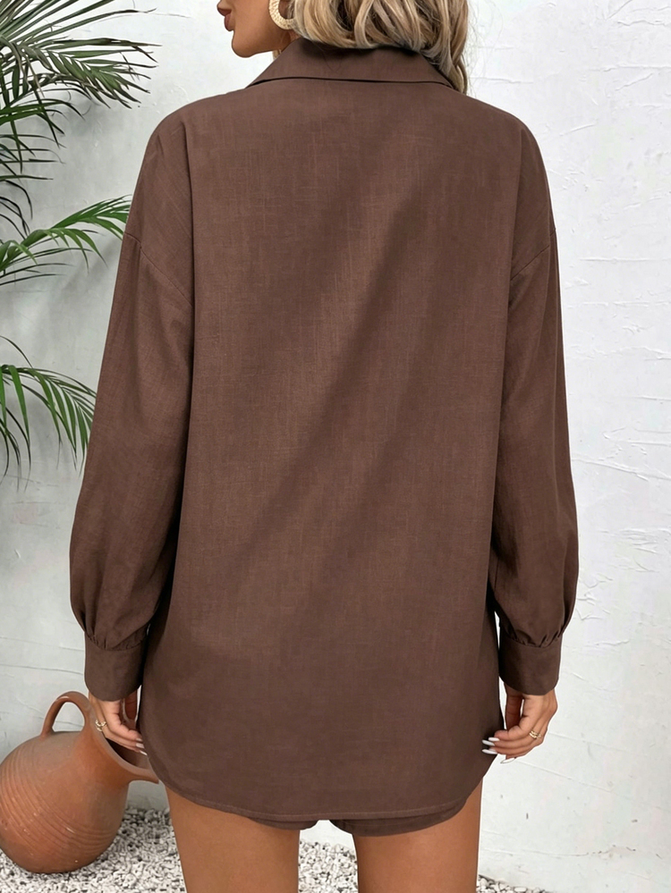 SHEIN 新款女式休閒度假亞麻寬鬆顯瘦長袖抽繩襯衫與短褲兩件套 - 咖啡棕 - 查看 2