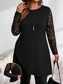 Miaspire 女款大尺碼蕾絲拼接優雅T恤 - 黑色 - 查看 1