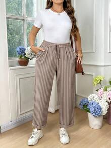 EMERY ROSE Plus Size Women's Linen-Like Folded Striped Pocket Casual Long Pants Fall - Brown - View 6