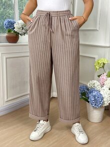 EMERY ROSE Plus Size Women's Linen-Like Folded Striped Pocket Casual Long Pants Fall - Brown - View 5