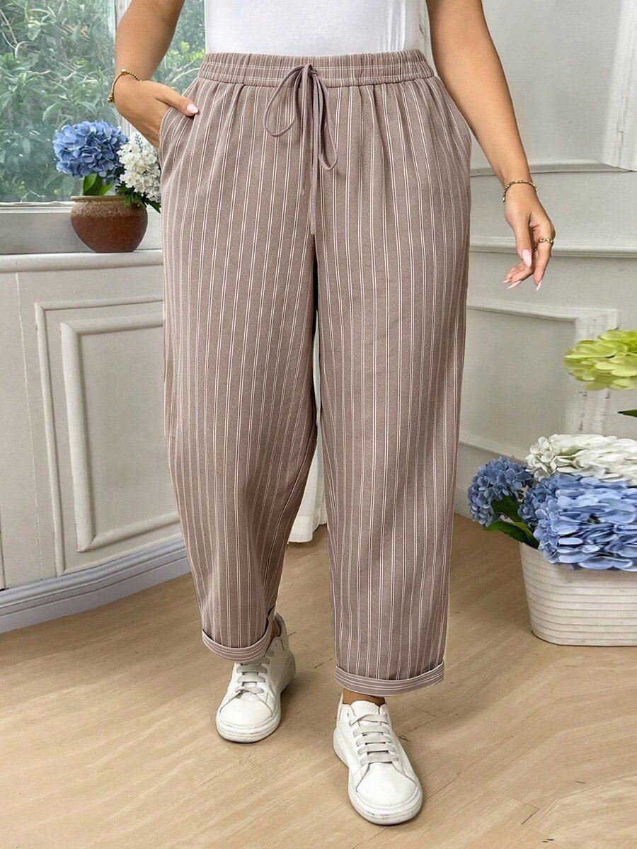 EMERY ROSE Plus Size Women's Linen-Like Folded Striped Pocket Casual Long Pants Fall - Brown - View 1