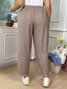 EMERY ROSE Plus Size Women's Linen-Like Folded Striped Pocket Casual Long Pants Fall - Brown - View 2