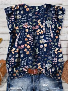 SHEIN LUNE 大码女式休闲度假优雅荷叶袖宽松衬衫，简约风格，适合夏季穿着，前襟纽扣设计，碎花图案，复古花卉图案，秋冬季时尚女式衬衫。 - 彩色 - 查看 2