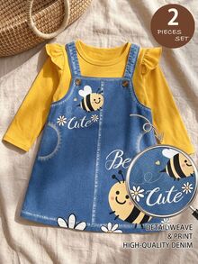 SHEIN Two-Piece Set For Baby Girls: A Solid Color Knitted Round Neck Casual T-Shirt With Ruffles And A Cute Patterned Suspender Dress, Suitable For Autumn A - Multicolor - View 4