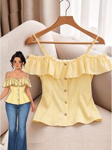 GlowEve CURVE Elegant Fashionable Ruffle Off-Shoulder Plus Size Women's Blouse - Yellow - View 3