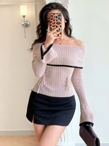 Modelyn Women's Tie-Up Bell Sleeve Off-Shoulder Colorblock Sweater - Pink - View 3