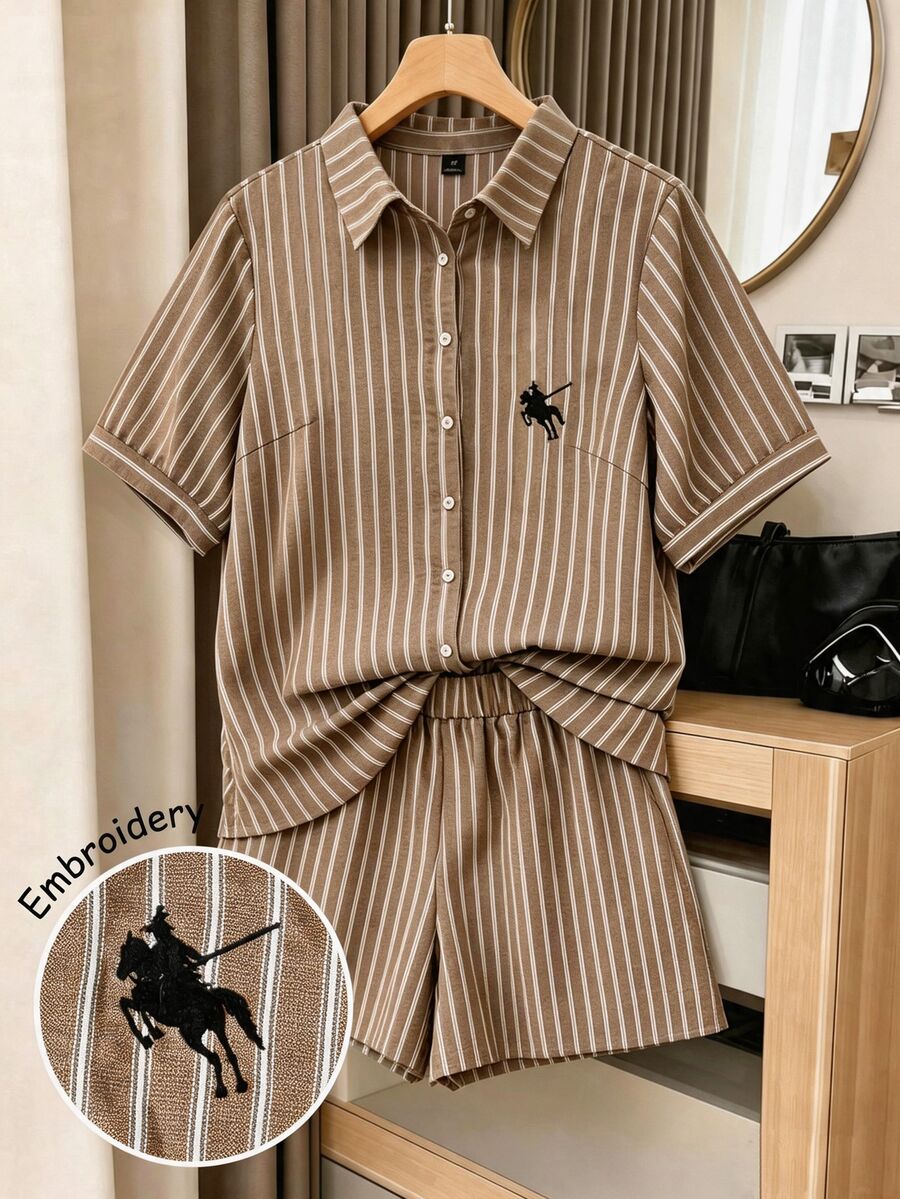 GlowEve CURVE Casual Loose Short Sleeve Shirt With Embroidered Pony & Striped Shorts, Plus Size 2 Pieces Set - Khaki - View 1