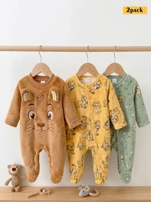 新生兒雙面法蘭絨卡通獅子趣味圖案長袖連身衣連腳連身衣居家服 2 件套 - 黃色 - 查看 6