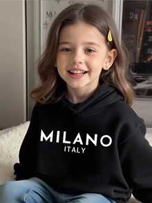 SHEIN 少女休閒時尚簡約字母 MILANO 風格印花基本款圓領衛衣，適合日常舒適穿著的秋季上衣 - 黑色 - 查看 3