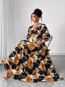 Elenzga 大尺碼女款新款優雅波西米亞休閒婚禮早午餐派對日常涼感布料清新印花短袖秋季正式黑色洋裝 - 彩色 - 查看 4