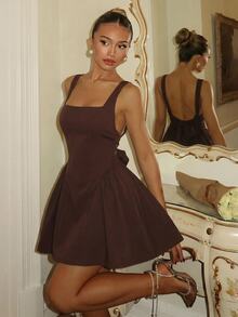 Glamine Charm Women's Solid Color Casual Romantic Elegant Daily Date Summer Dress Party Dark Brown - Rust Brown - View 2