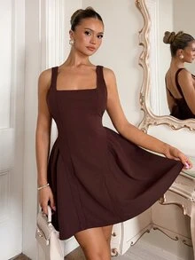 Glamine Charm Women's Solid Color Casual Romantic Elegant Daily Date Summer Dress Party Dark Brown - Rust Brown - View 3