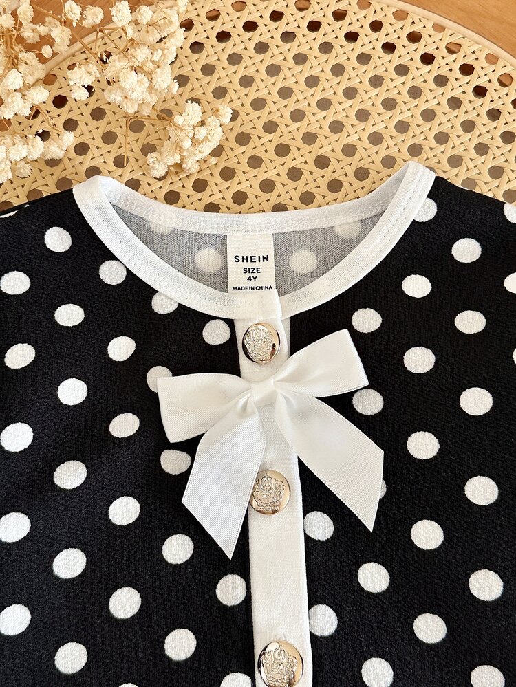 LMoss Kids Young Girl Knitted Polka Kids Dot Round Neck 3D Bow Casual Jacket & Skirt 2 Pieces Set - Black and White - View 5