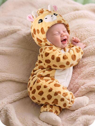 SHEIN Baby Boy Baby Girl Hooded Plush One-Piece Romper, Comfortable Versatile Fashion Daily Cute 3D Big Ears, Suitable For Autumn/Winter, Outdoor Skiing, Daily, Sports, Play, Party, Photo, Holiday, Halloween