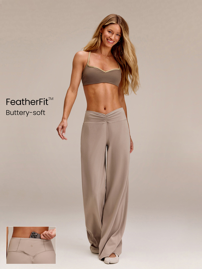 GLOWMODE FeatherFit™ Elegant Glow Ruched Waistband Wide-Leg Pants With Back Pocket Low Impact Yoga Pilates Studio Daily Casual